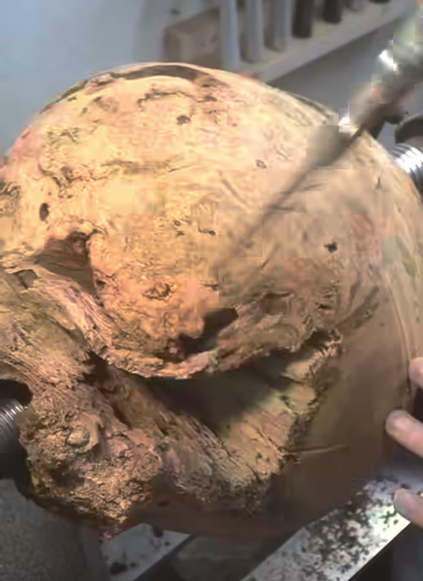 The rough burl on the lathe